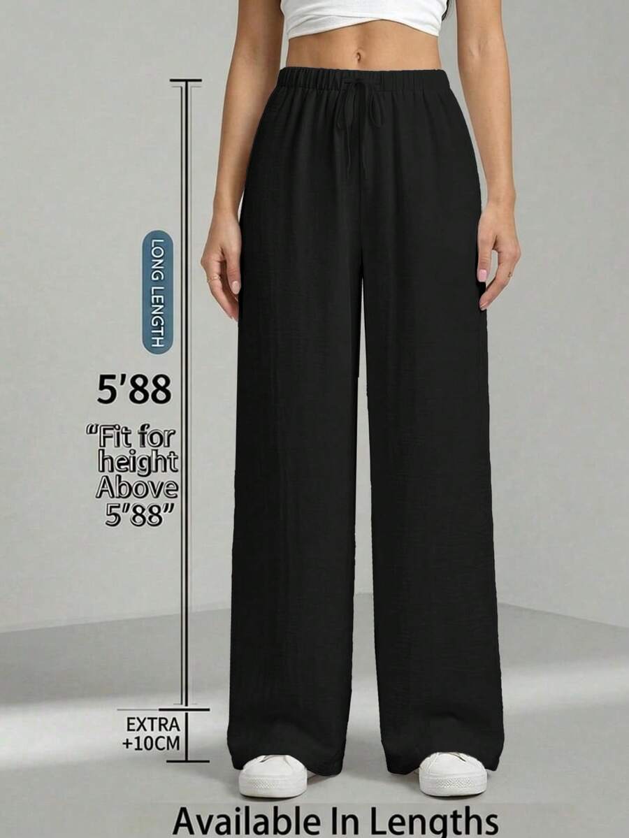 SHEIN Tall CURVE 大尺碼女款素色休閒抽繩腰鬆寬腿長褲 - 黑色 - 查看 1