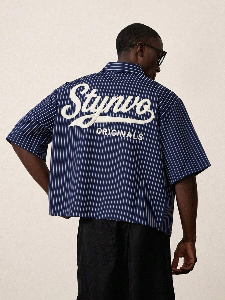 STYNVO Men's Vertical Striped Pattern Letter Print Short Sleeve Shirt - Royal Blue - View 1