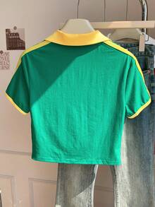Comfortcana Women's Letter Print Contrast Collar Short Sleeve Casual T-Shirt - Green - View 2