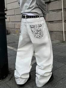 STEELVANCE Celana Jeans Denim Gaya Jalanan Retro Fashion Serbaguna dengan Desain Cetak Saku Belakang Bertabur Stud, Potongan Longgar Lurus dan Lebar, Kasual Ukuran Plus - Putih - View 4