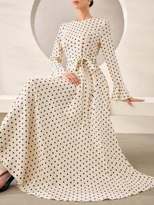 Graceveil Elegant Decent Casual Modest Middle Eastern Polka Dot Round Neck Flare Sleeve Cinched Waist Front Dress Winter Formal Office Morning Formal White - Apricot - View 7