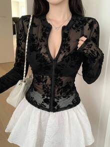 DAZY Sheer Lace & Mesh Floral Embroidered Long Sleeve Top For Women,Fall Women Clothes Going Out Tops - Black - View 11