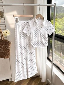 SHEIN 少女法式復古波點套裝，白色底黑波點上衣，翻領V領短袖設計配抓皺腰部，適合夏季日常穿著與休閒約會，返校穿搭 - 白色 - 查看 6