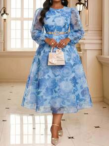 Fleurora Plus Size Women's Floral Print Round Neck Lantern Sleeve Elegant Dress - Blue - View 5