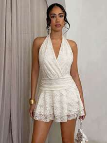 Glamine Elegant Cream White Lace Halter Neck Dress,Summer Holiday Vacation Women Cross V-Neck Waist- A-Line Backless Ruched Short Mini Dress,Holiday - White - View 3