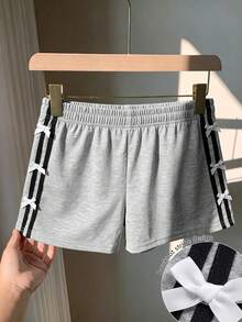 Modelyn Women's Elastic Waist Bow Decor Casual 2000s Cute Versatile Daily Wear School Shorts City Break Grey Striped Summer Back-To-School Sports - Light Grey - View 6