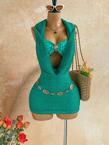 Soleia Damen-Mini-Kleid für Urlaub im Frühling/Sommer, romantisch, sexy, Vintage, mit Pailletten, Kapuze und Wasserfall-Ausschnitt, mit Pailletten-Cups, tropischer Urlaubs-Look, für Date, Nachmittagstee, Strand, Kreuzfahrt, Roadtrip, Städtereise, Musikfestival-Outfit, Party, Boho, Hippie, Western, Karneval, St. Patrick's Day - Dunkelgrün - Übersicht 5