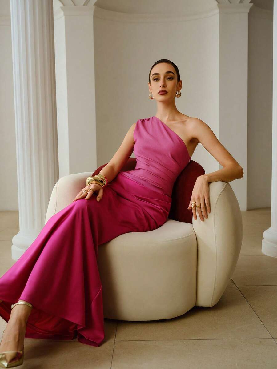 ZEYLAH Sleeveless Color Block Knit Maxi Fish Tail Dress, Autumn/Winter Party - Hot Pink - View 1