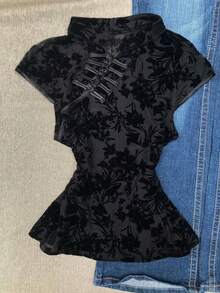 Attitoon 女款休閒復古修身網紗旗袍上衣，新中式風格，Y2K - 黑色 - 查看 9