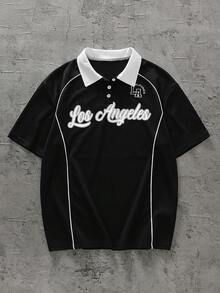 青少年男童 Polo 衫，字母印花短袖休闲通勤 Polo 衫，翻领设计，“洛杉矶”印花，适合休闲穿着、返校季和学院风。 - 黑色 - 查看 1