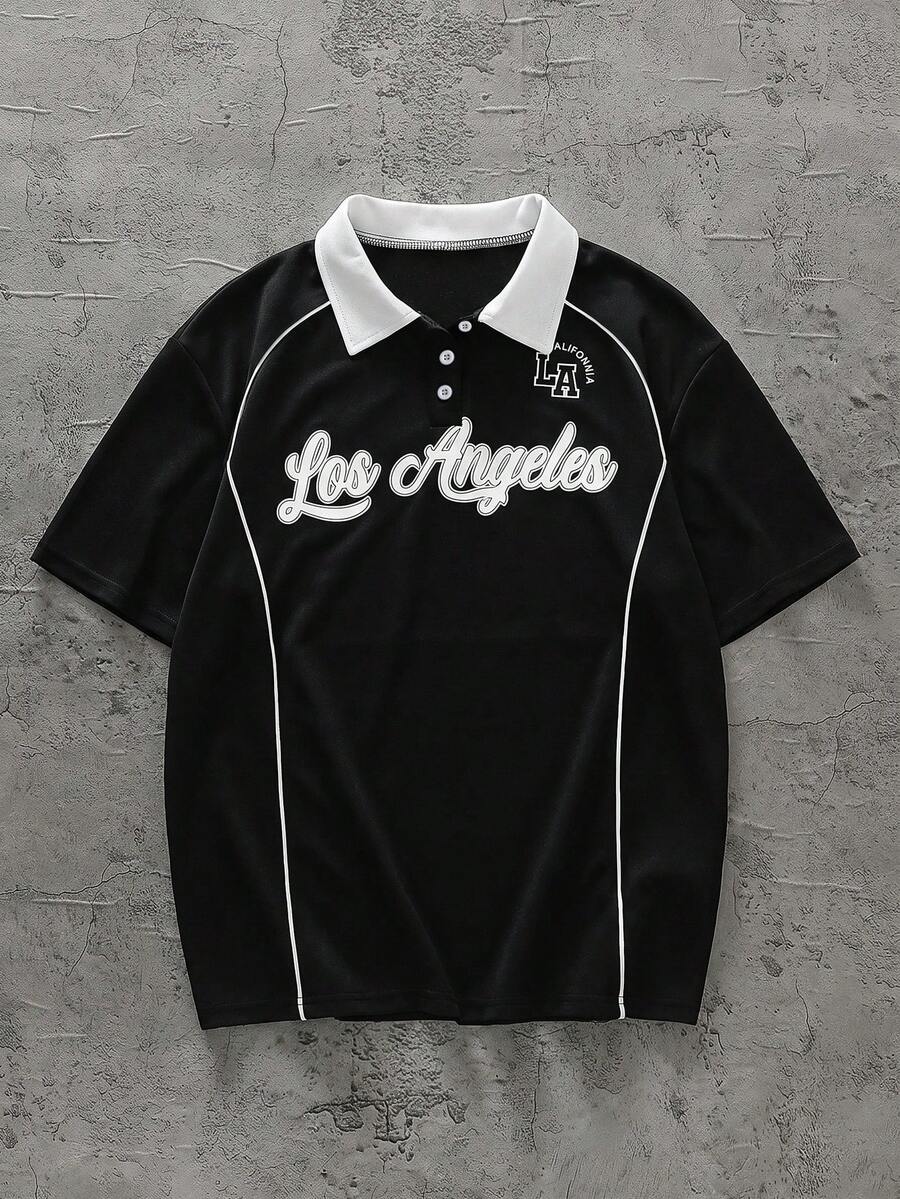 青少年男童 Polo 衫，字母印花短袖休闲通勤 Polo 衫，翻领设计，“洛杉矶”印花，适合休闲穿着、返校季和学院风。 - 黑色 - 查看 1