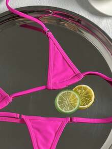 Swim SXY Set bikini rave Sujetador micro triángulo halter vinculado con aro con bottom tanga 2 piezas traje de baño - Rosa Fucsia - Ver 6