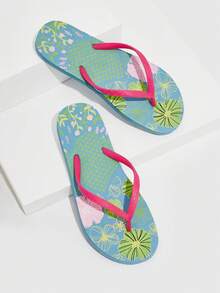 Grefit 女士鞋花卉图案趾柱人字拖，时尚户外 PVC 人字拖，夏季度假鞋夏季促销圣诞节秋季新年假期 - 玫紅色 - 查看 3