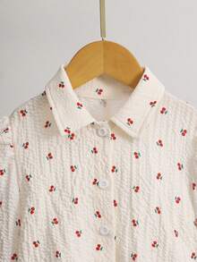 SHEIN Young Girl Textured Cherry Print Single-Breasted Fashion Shirt - Apricot - View 6