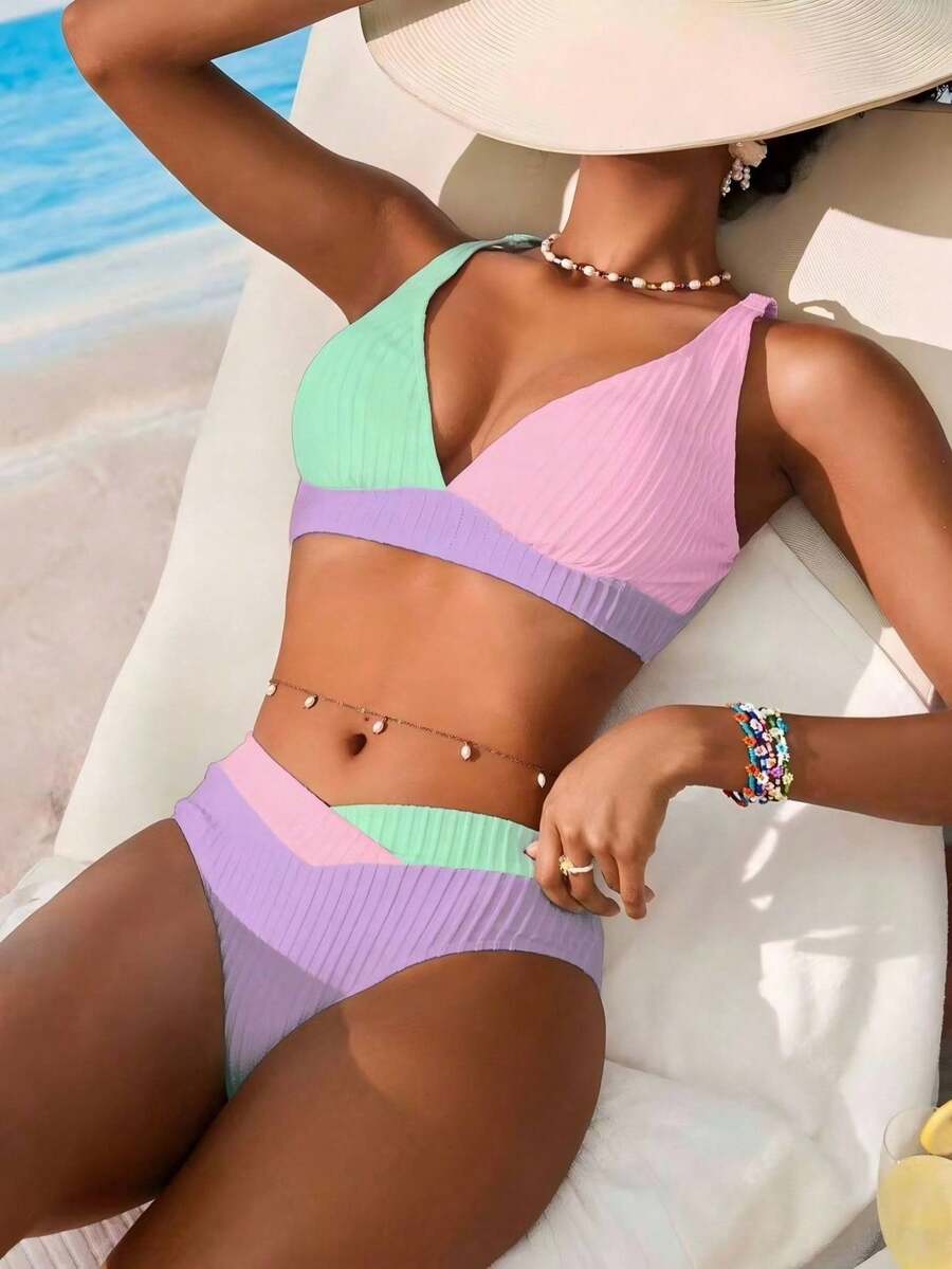 Swim Vcay 女士V领条纹纹理背心式泳衣套装 - 彩色 - 查看 1