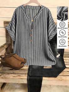 Linhara Plus Size Women's Black Loose Casual Spring/Summer H-Line Notch Neck Rolled Cuff Striped Print Casual Shirt - Black - View 3