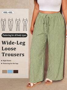 Elaquor Plus Size Women's Light Green Drawstring Waist Loose Long Pants Summer Versatile Beach Vacation Casual - Green - View 8