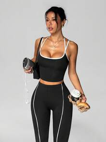 SHEIN Sports Women's Contrast Color Fitted Tank Top And Striped Flared Leg Split Hem Pants Sports Suit - Black - View 3