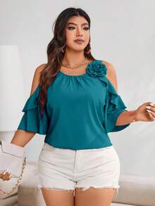 Vionelle Plus Cold Shoulder Ruffle Trim Blouse For Summer For New Year Clothes - Blue - View 6