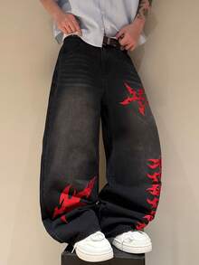 STEELVANCE Men's Printed Pattern Loose Straight Leg Denim Pants - Black - View 3