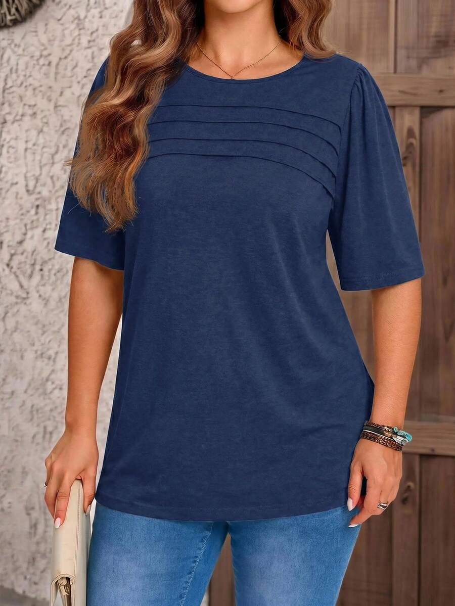 EMERY ROSE Plus Size Women's Round Neck Short Sleeve Solid Color T-Shirt - Navy Blue - View 1