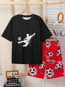 SHEIN 青少年男孩足球卡通圖案全印花休閒家居套裝，短袖上衣與短褲兩件組，休閒學院風，舒適時尚簡約實用百搭，柔軟面料，適合日常穿著、上學、外出、居家與假期 - 彩色 - 查看 4