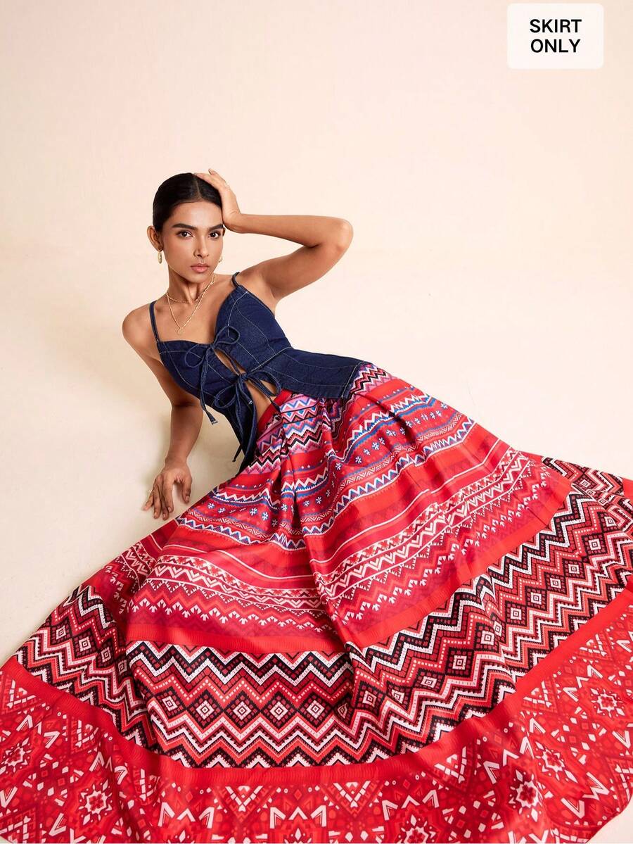SURIMA Rok Longgar Motif Bunga Merah untuk Liburan Musim Semi/Panas Wanita - Merah - View 1