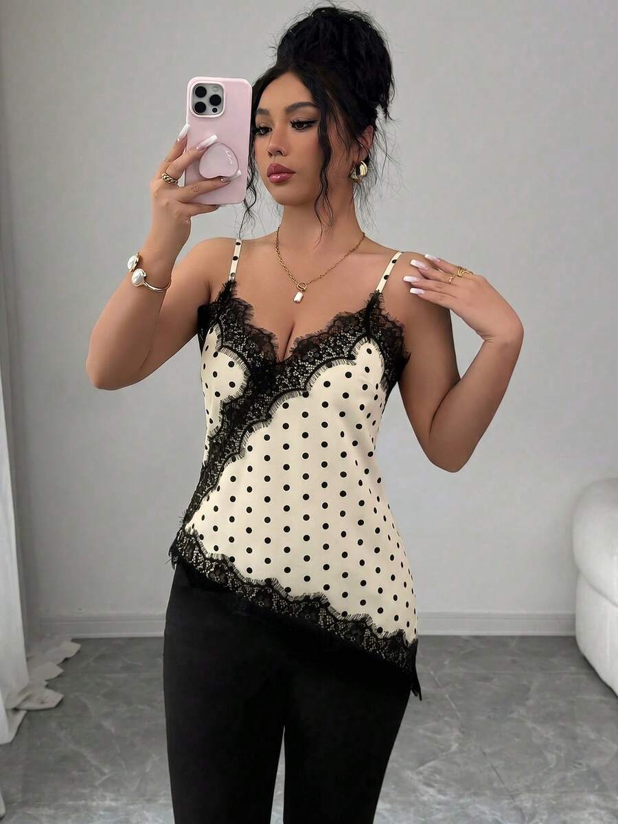 Rafferiza 女款優雅圓點棕色蕾絲拼接背心上衣 - 米色 - 查看 1