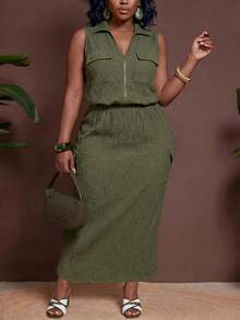 Veslaya Plus Size Women's Solid Color Zipper Top And Skirt Casual Daily Set - Army Green - View 7