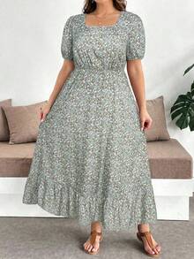 SHEIN Clasi 大码碎花方领短袖收腰连衣裙 - 淺藍色 - 查看 4