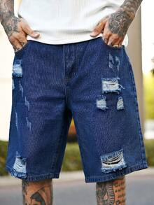 Devon Thys Men's Casual Ripped Straight Leg Blue Denim Shorts, Street Fashion For Spring/Summer - Dark Wash - View 1