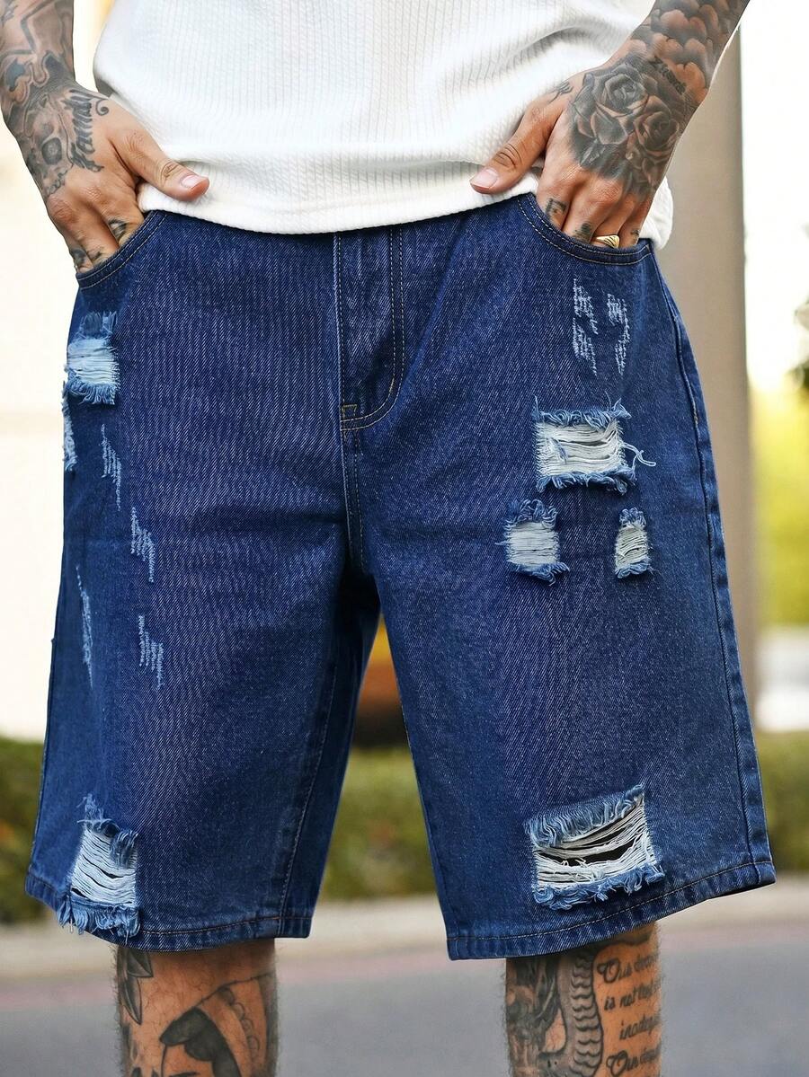 Devon Thys Men's Casual Ripped Straight Leg Blue Denim Shorts, Street Fashion For Spring/Summer - Dark Wash - View 1