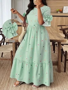 Weeklong Women's Plus Size Spring/Summer Round Neck Tiered Cake Layered 3D Bow Decor Dress - Multicolor - View 1