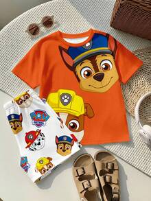 SHEIN | PAW Patrol Setelan 2 potong kaos lengan pendek dan celana pendek berkerah bulat motif kartun lucu klasik untuk anak laki-laki, kasual, sederhana, longgar, nyaman, dan imut, cocok untuk musim semi dan musim panas. - MultiWarna - View 5