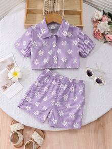 Elladie kids 2026年少女可愛夏季套裝，格紋印花雛菊上衣 + 短褲 2件組 - 紫色 - 查看 3