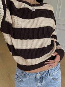 SHEIN Teen Girls Casual Striped Knit Sweater, Simple And Fashionable, Suitable For Daily Wear, Autumn, Winter - Coffee Brown - View 4