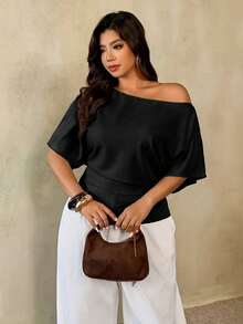 Auralis Plus Size Spring/Summer New Versatile Minimalist Commuter Asymmetric Batwing Sleeve Ruched Waist Fitted Pullover Blouse - Black - View 3