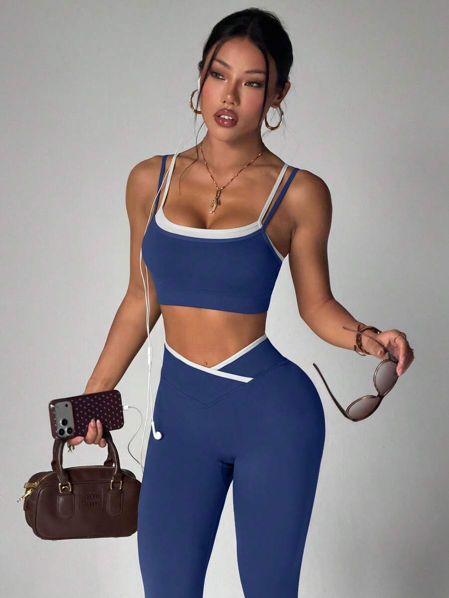 SHEIN Sports 無縫高彈力女款健身休閒日常運動收腰提臀套裝 - 藏蓝色 - 查看 1