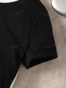 SHEIN Tween Girls' Black & White Patchwork Contrast Color Five-Pointed Star Print Knit Snug Fit Casual Dress - Black - View 3