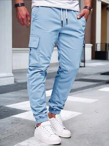 Manfinity Homme Men's Plain Casual Cargo Pants, Suitable For Summer, Fall - Blue - View 3