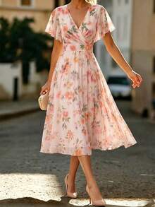 Velvienne Plus Size Floral Print Crossover V-Neck Ruffle Sleeve A-Line Mid-Length Dress, Pink Sequin, Summer, Elegant, Wedding Formal Evening Party Wear - Multicolor - View 1
