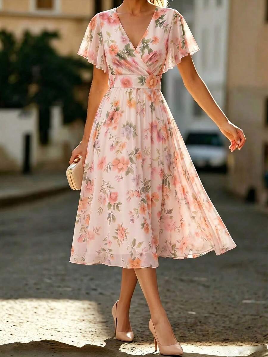 Velvienne Plus Size Floral Print Crossover V-Neck Ruffle Sleeve A-Line Mid-Length Dress, Pink Sequin, Summer, Elegant, Wedding Formal Evening Party Wear - Multicolor - View 1