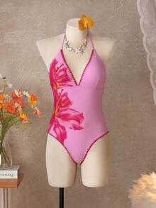Swim Vcay 女款花卉印花掛脖繫帶式一件式泳衣，適合海邊度假、泳池派對、海灘派對 - 彩色 - 查看 5