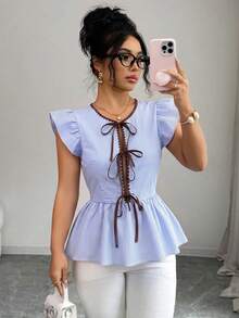 SHEIN Clasi Women's Elegant Sexy White Shell Embroidery Bow-Tie Design Cap Sleeve Fitted Blouse, Spring/Summer Golf - Blue - View 3