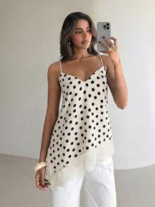 Camiseta de tirantes para mujer con estampado de lunares, dobladillo asimétrico y patchwork de encaje, estilo dulce y de moda - Albaricoque - Ver 5