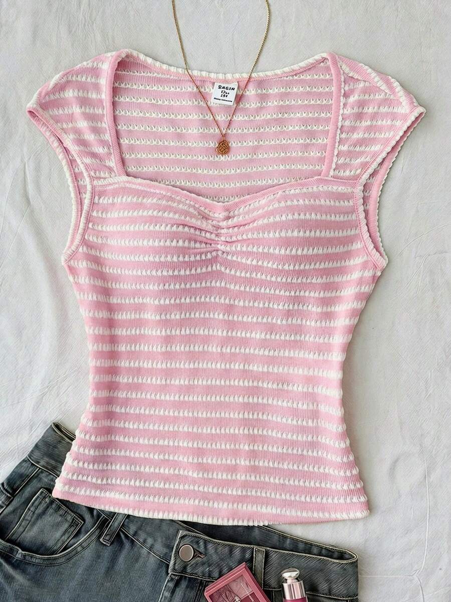 Teen Girls Summer New Pink Knit Textured Jacquard Ruched Chest Sweet Girly Cute Home Casual Off-Shoulder T-Shirt - Pink - View 1