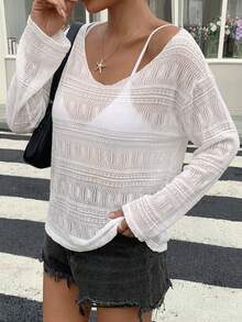 DAZY 女款夏季深V領長袖寬鬆透視T恤 都市休閒街頭風校園T恤 - 白色 - 查看 3