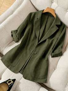 Elenzga Plus Size Women Casual Fashion Lapel Pocket Cuff Hem Thin Blazer Jacket Fall - Army Green - View 1