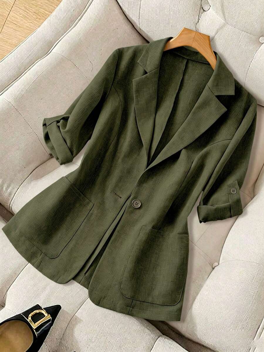 Elenzga Plus Size Women Casual Fashion Lapel Pocket Cuff Hem Thin Blazer Jacket Fall - Army Green - View 1
