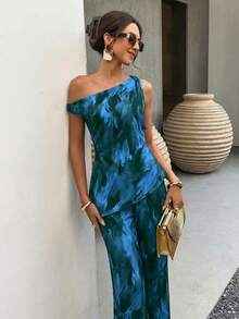 Flora Isola Flora Isola 女款春夏度假休閒熱帶風歐式性感優雅嬰兒藍不對稱領扭結上衣與長褲套裝，適合派對與夜晚外出 - 藍色 - 查看 3
